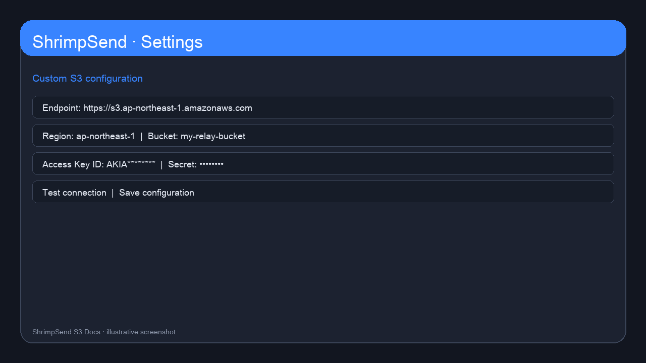 ShrimpSend S3 settings form